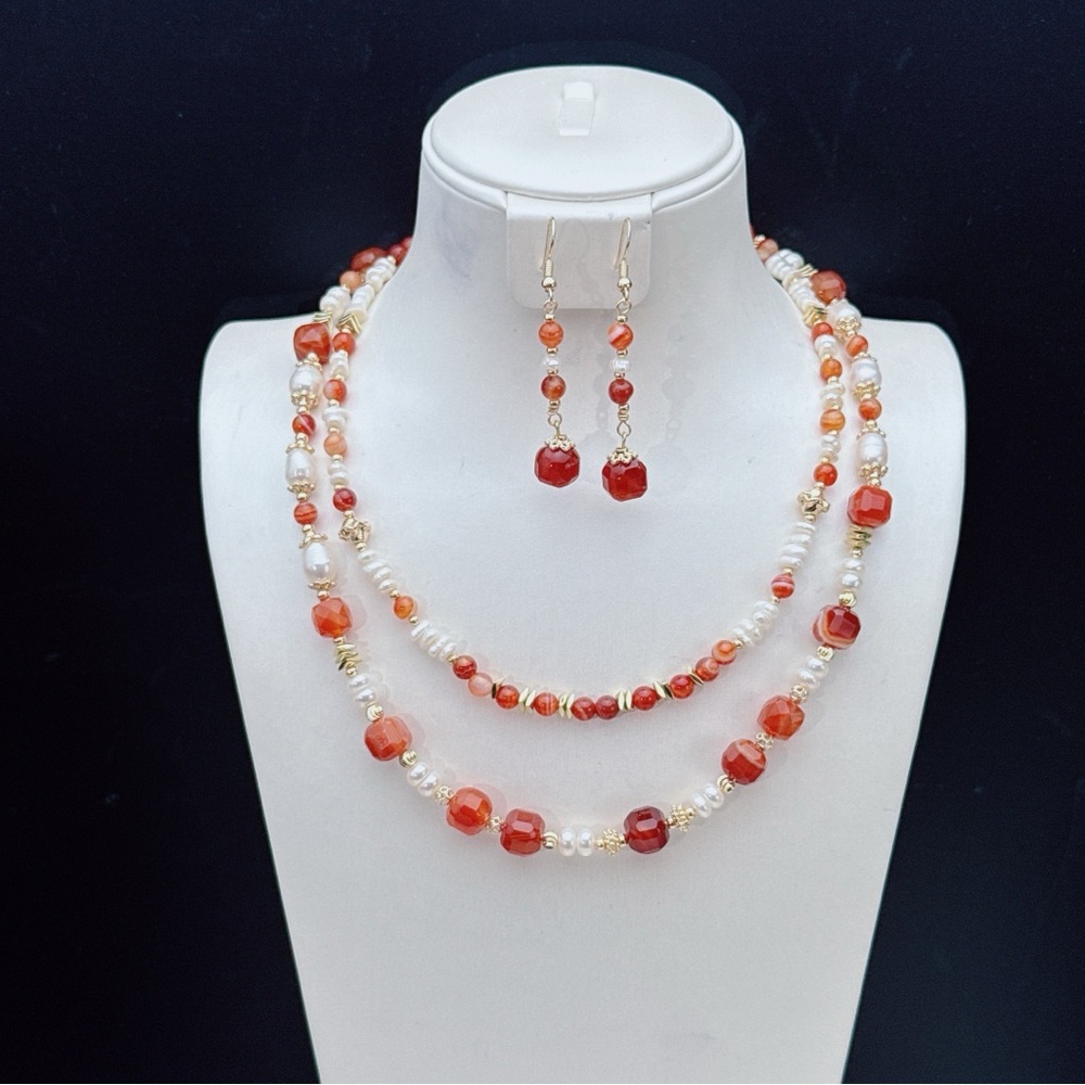 X486 Handmade Freshwater Baroque Pearl Agate Necklace Earrings Set
